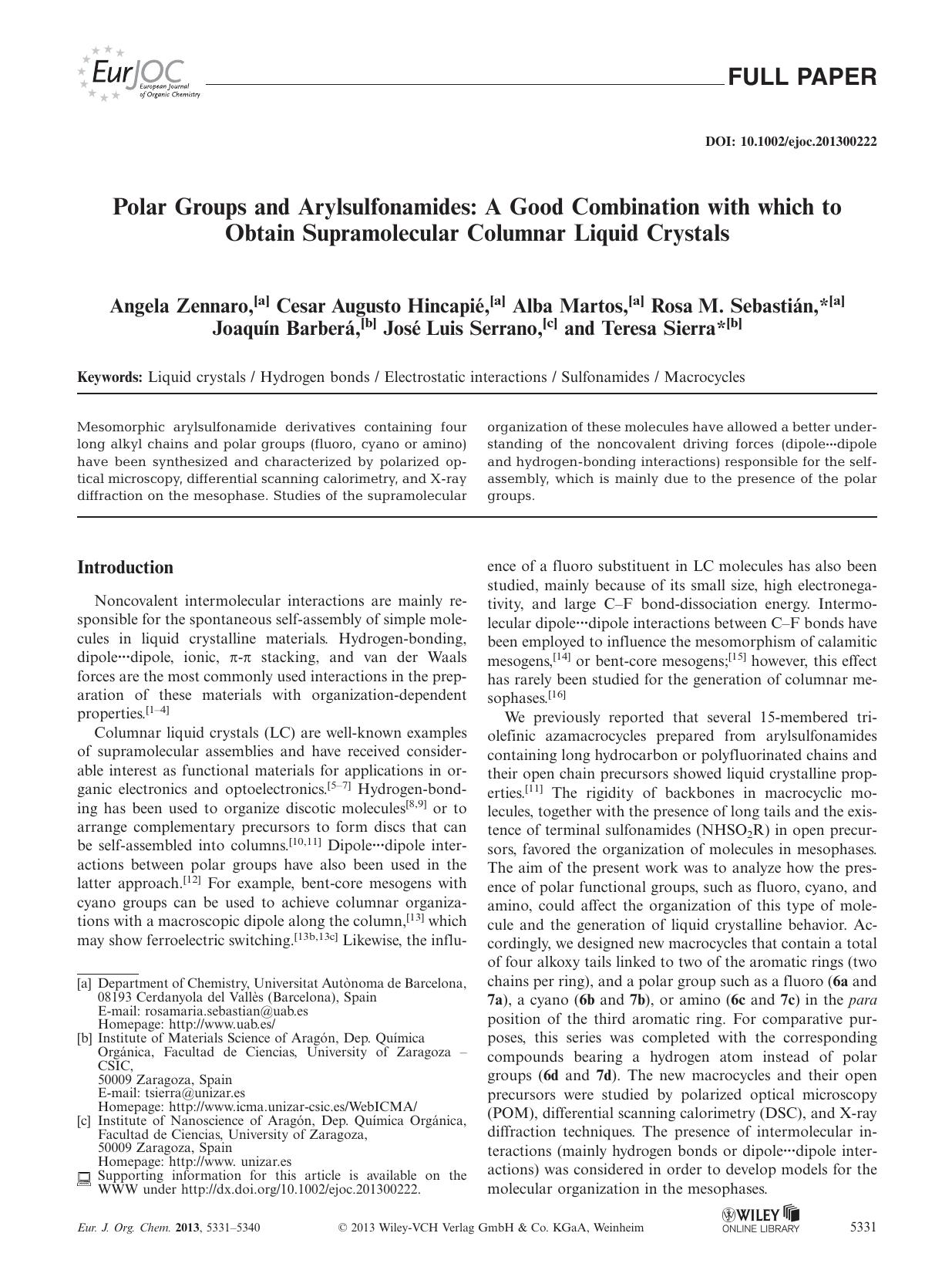Polar Groups and Arylsulfonamides: A Good Combination with which to Obtain Supramolecular Columnar Liquid Crystals by Unknown