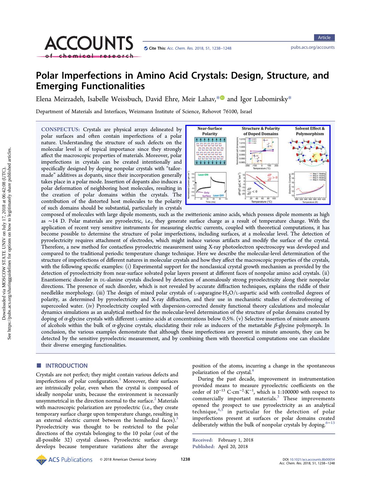 Polar Imperfections in Amino Acid Crystals: Design, Structure, and Emerging Functionalities by Elena Meirzadeh & Isabelle Weissbuch & David Ehre & Meir Lahav & Igor Lubomirsky