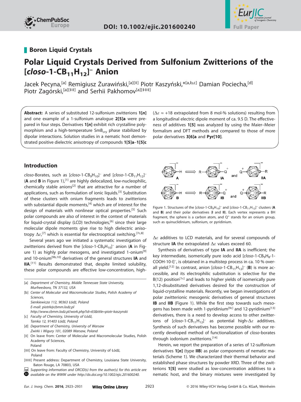 Polar Liquid Crystals Derived from Sulfonium Zwitterions of the [closo‐1‐CB11H12]– Anion by Unknown