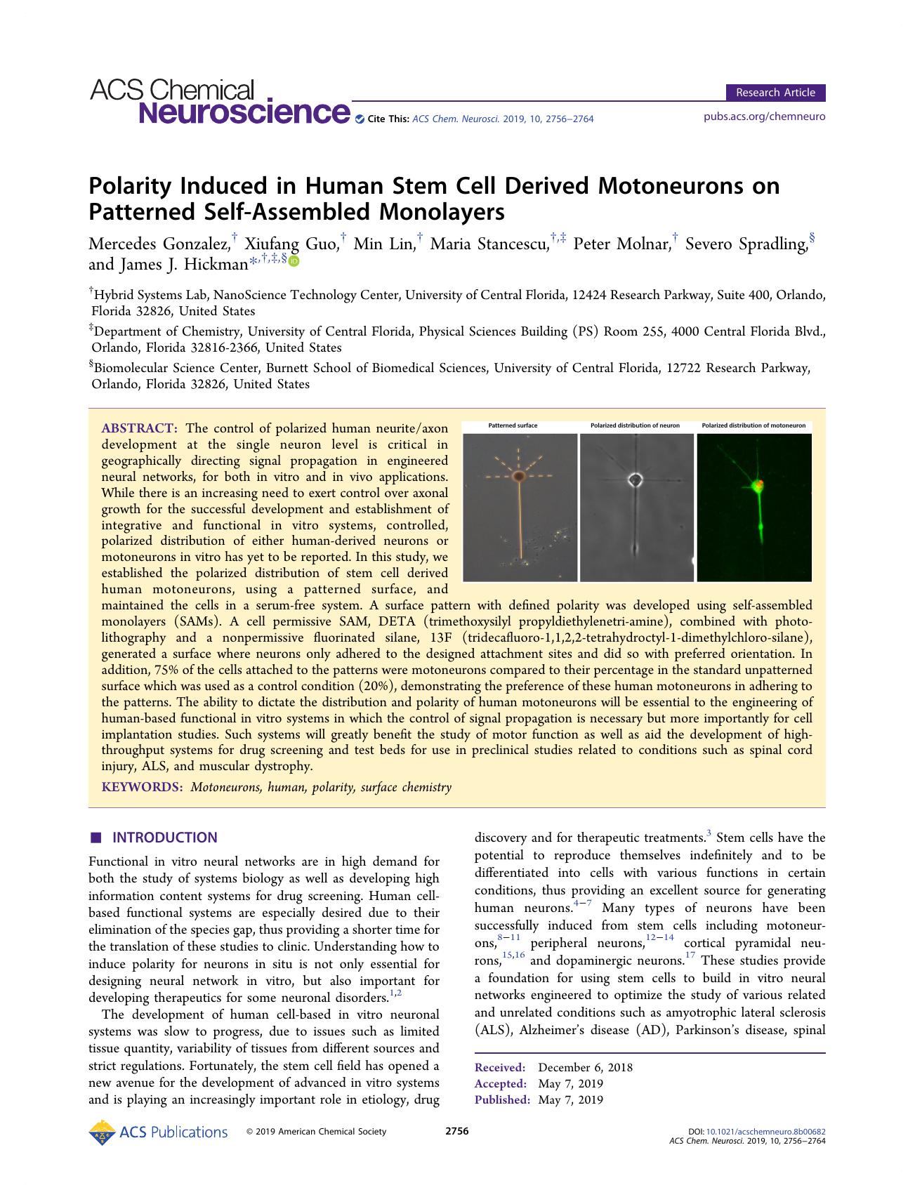 Polarity Induced in Human Stem Cell Derived Motoneurons on Patterned Self-Assembled Monolayers by unknow