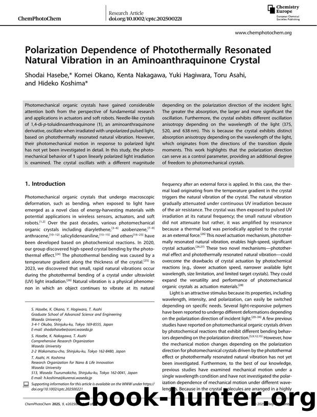 Polarization Dependence of Photothermally Resonated Natural Vibration in an Aminoanthraquinone Crystal by Shodai Hasebe & Komei Okano & Kenta Nakagawa & Yuki Hagiwara & Toru Asahi & Hideko Koshima