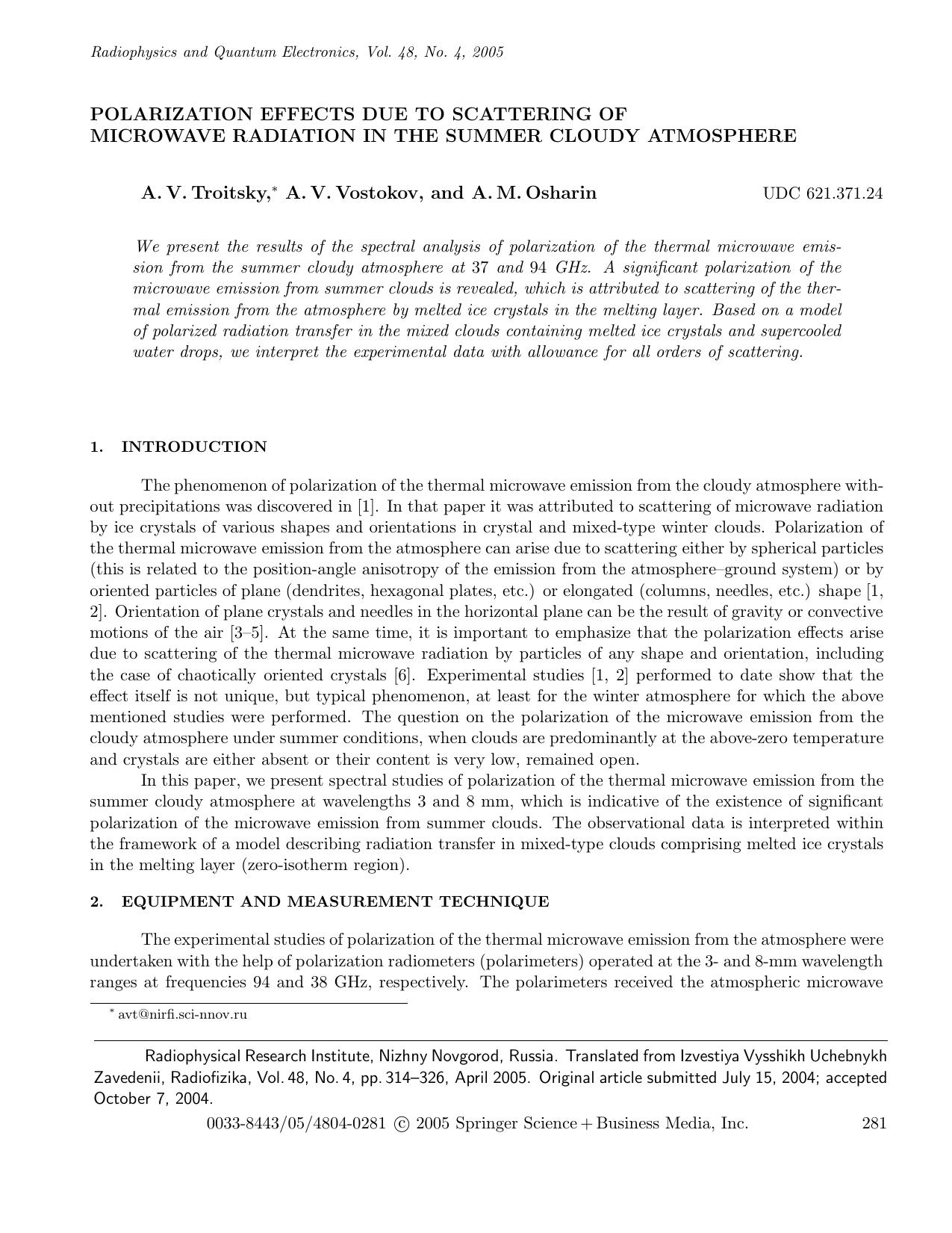 Polarization Effects Due to Scattering of Microwave Radiation in ihe Summer Cloudy Atmosphere by Unknown