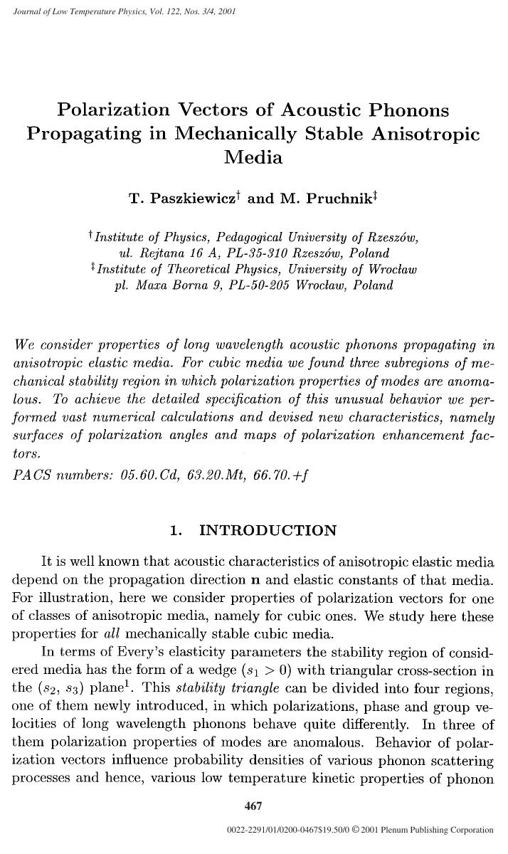 Polarization Vectors of Acoustic Phonons Propagating in Mechanically Stable Anisotropic Media by Unknown