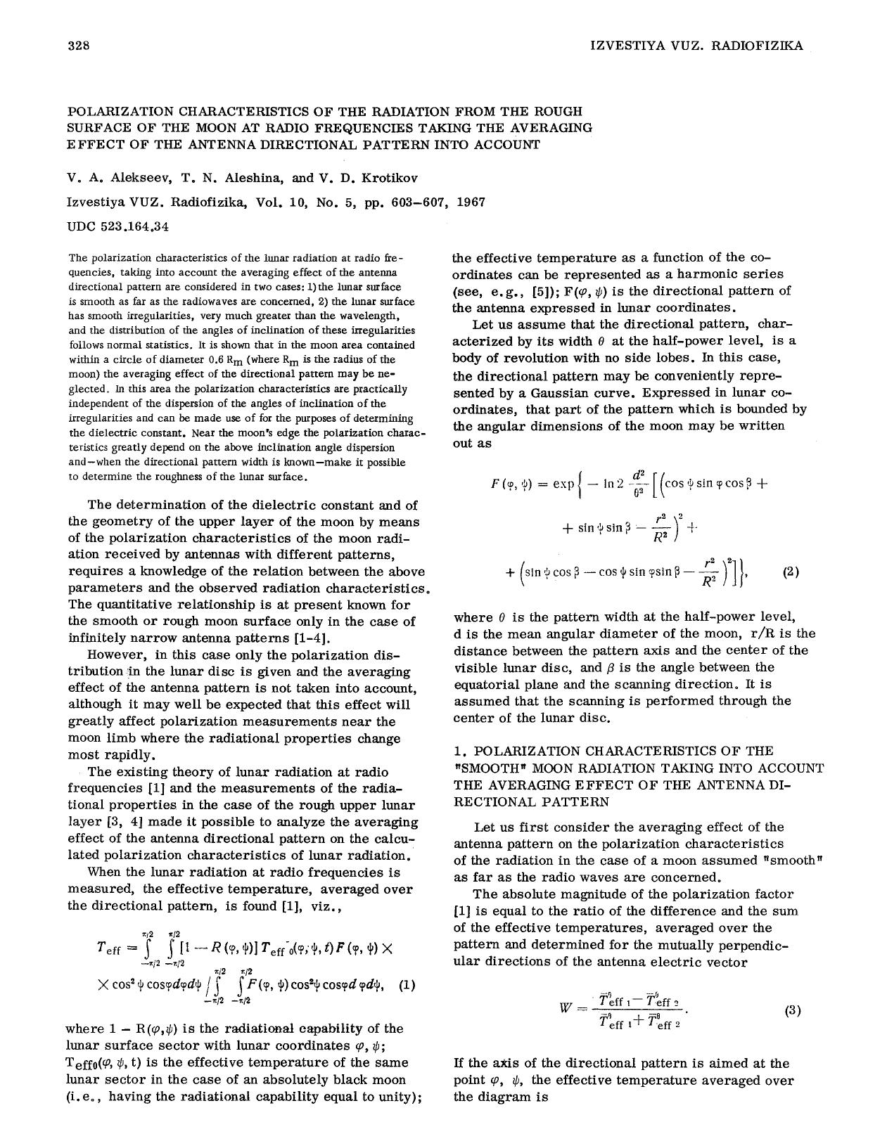 Polarization characteristics of the radiation from the rough surface of the moon at radio frequencies taking the averaging effect of the antenna directional pattern into account by Unknown