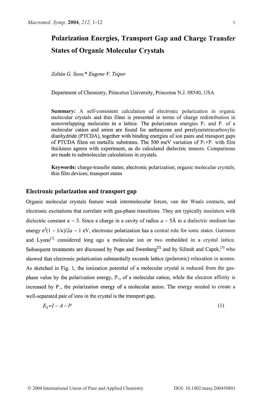 Polarization energies, transport gap and charge transfer states of organic molecular crystals by Unknown