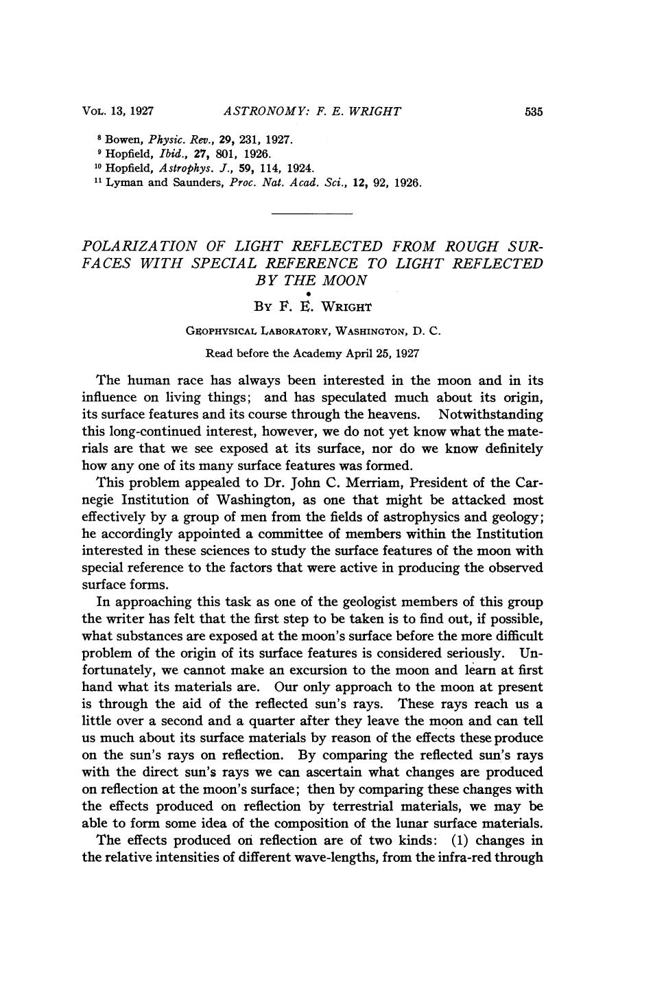 Polarization of Light Reflected from Rough Surfaces with Special Reference to Light Reflected by the Moon by Wright F. E