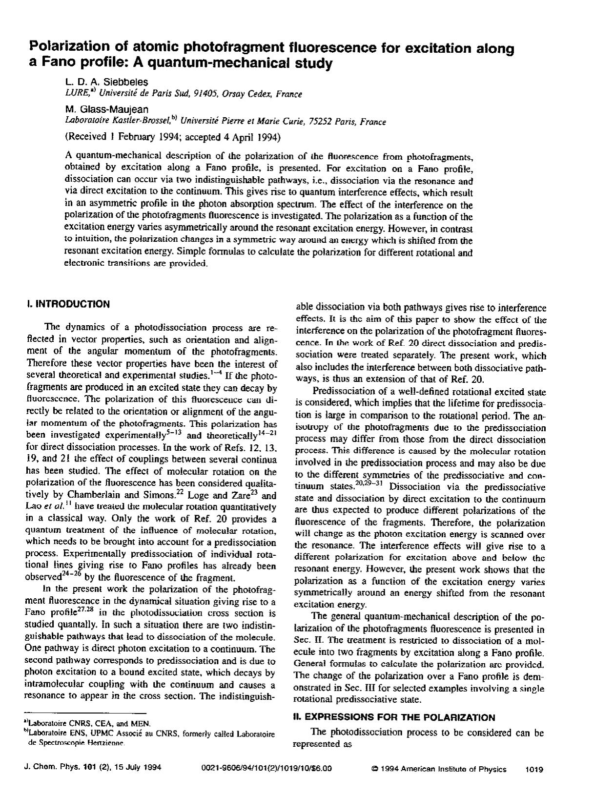 Polarization of atomic photofragment fluorescence for excitation along a Fano profile: A quantum-mechanical study by L. D. A. Siebbeles; M. Glass-Maujean