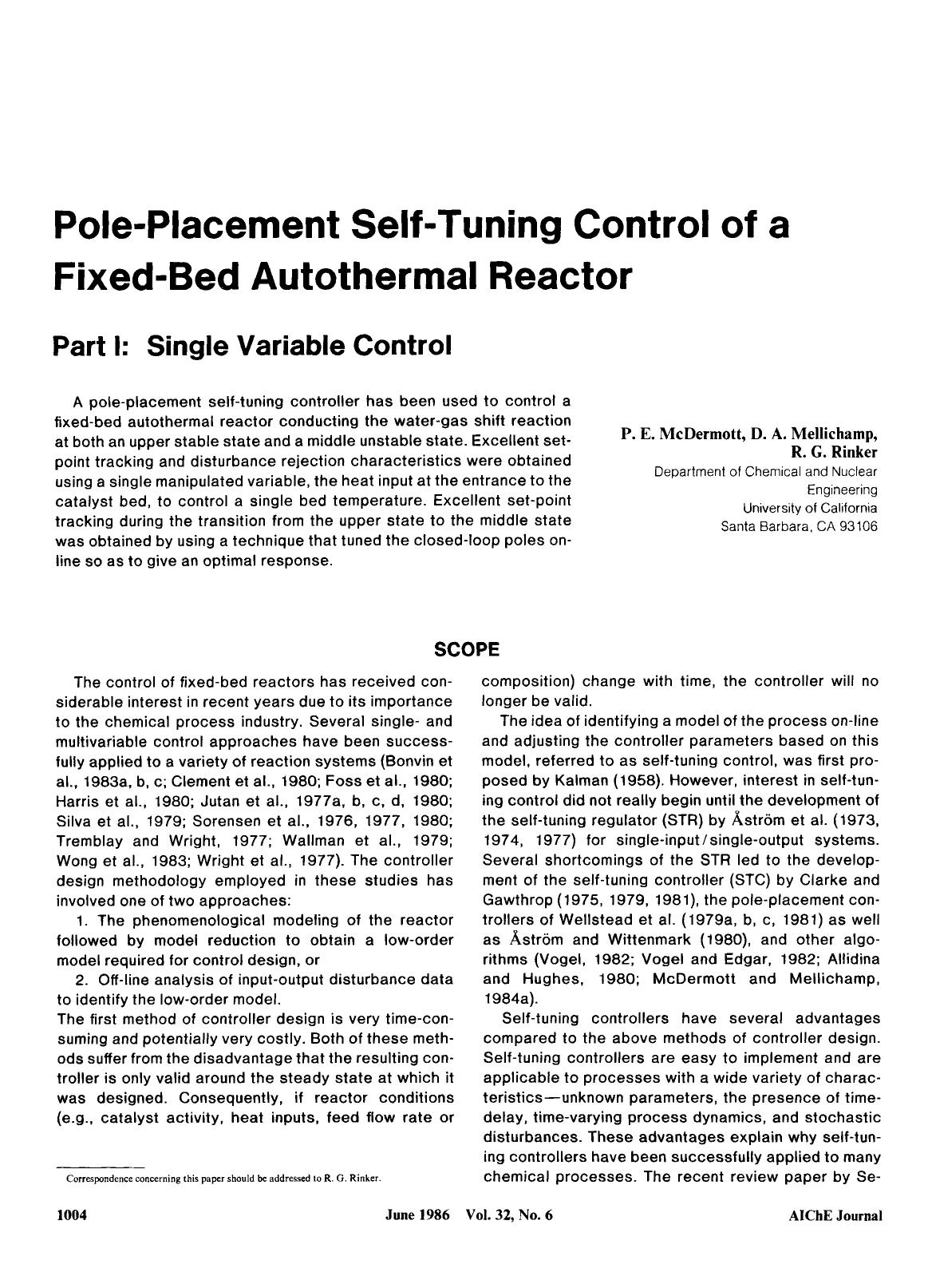 Pole-placement self-tuning control of a fixed-bed autothermal reactor. Part I: Single variable control by Unknown