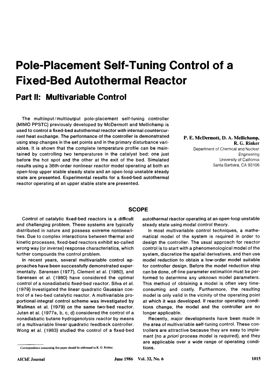 Pole-placement self-tuning control of a fixed-bed autothermal reactor. Part II: Multivariable control by Unknown