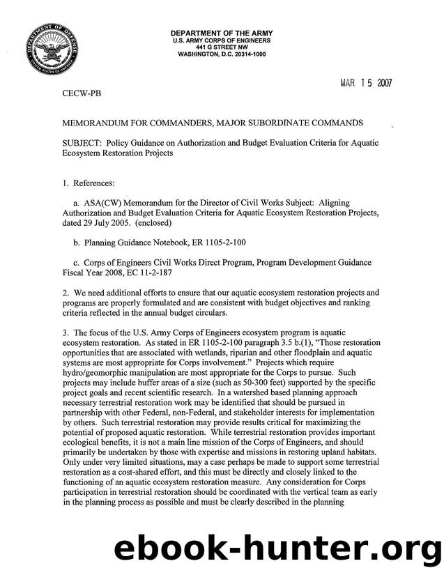 Policy Guidance on Authorization and Budget Evaluation Criteria for Aquatic Ecosystem Restoration Projects by Unknown