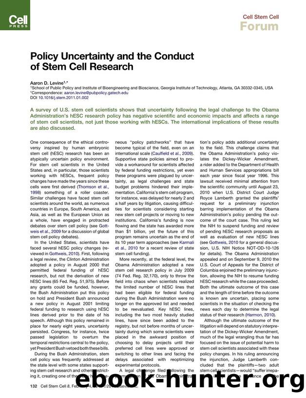 Policy Uncertainty and the Conduct of Stem Cell Research by Aaron D. Levine
