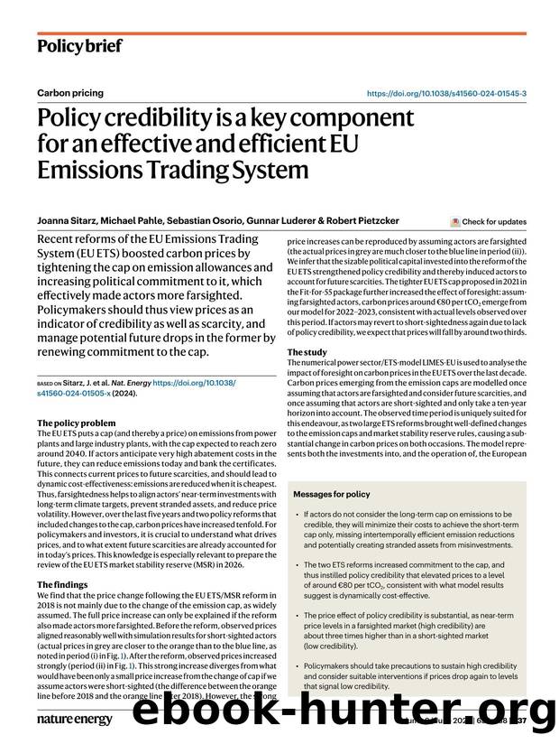 Policy credibility is a key component for an effective and efficient EU Emissions Trading System by Joanna Sitarz & Michael Pahle & Sebastian Osorio & Gunnar Luderer & Robert Pietzcker