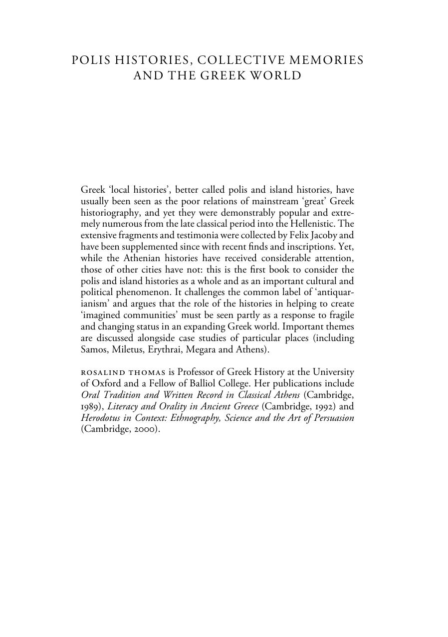 Polis Histories, Collective Memories and the Greek World by Rosalind Thomas