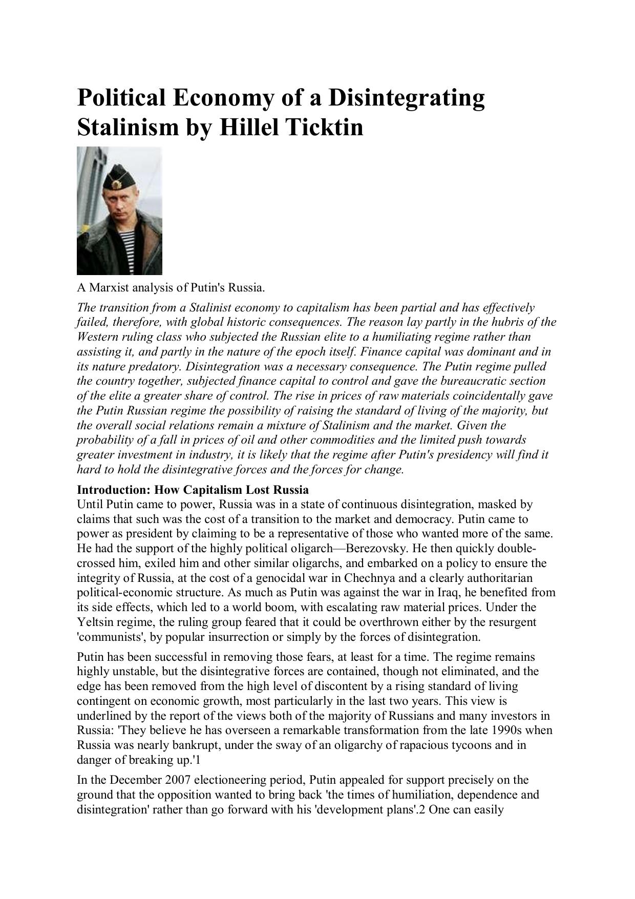 Political Economy of a Disintegrating Stalinism by Hillel Ticktin by Unknown
