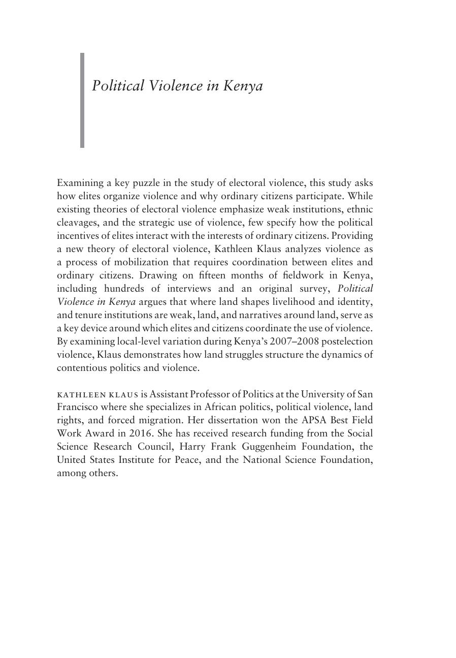 Political Violence in Kenya: Land, Elections, and Claim-Making by Kathleen Klaus