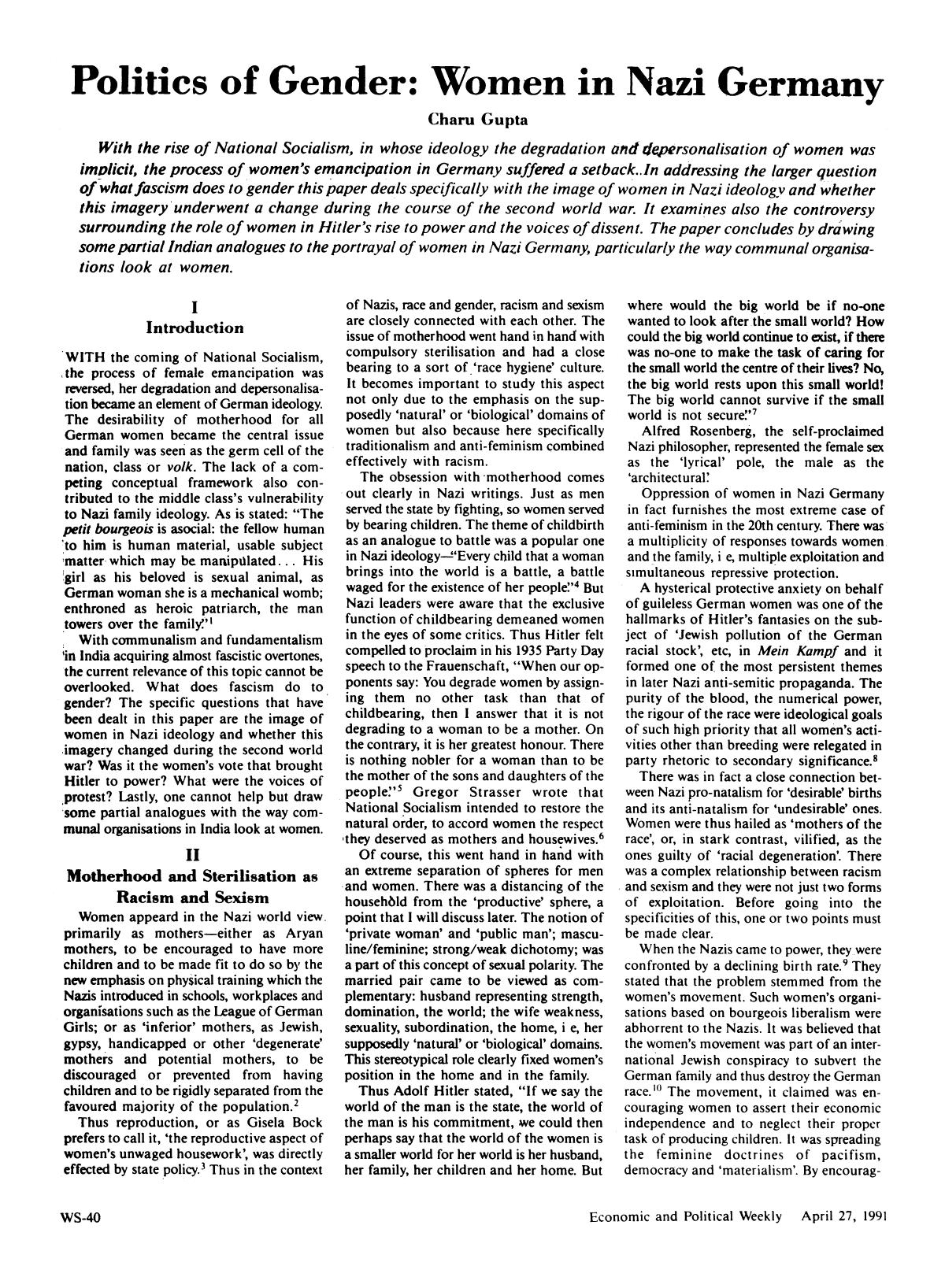 Politics of Gender; Women in Nazi Germany by Unknown