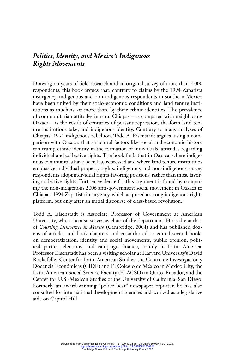 Politics, Identity, and Mexico's Indigenous Rights Movements by Todd A. Eisenstadt