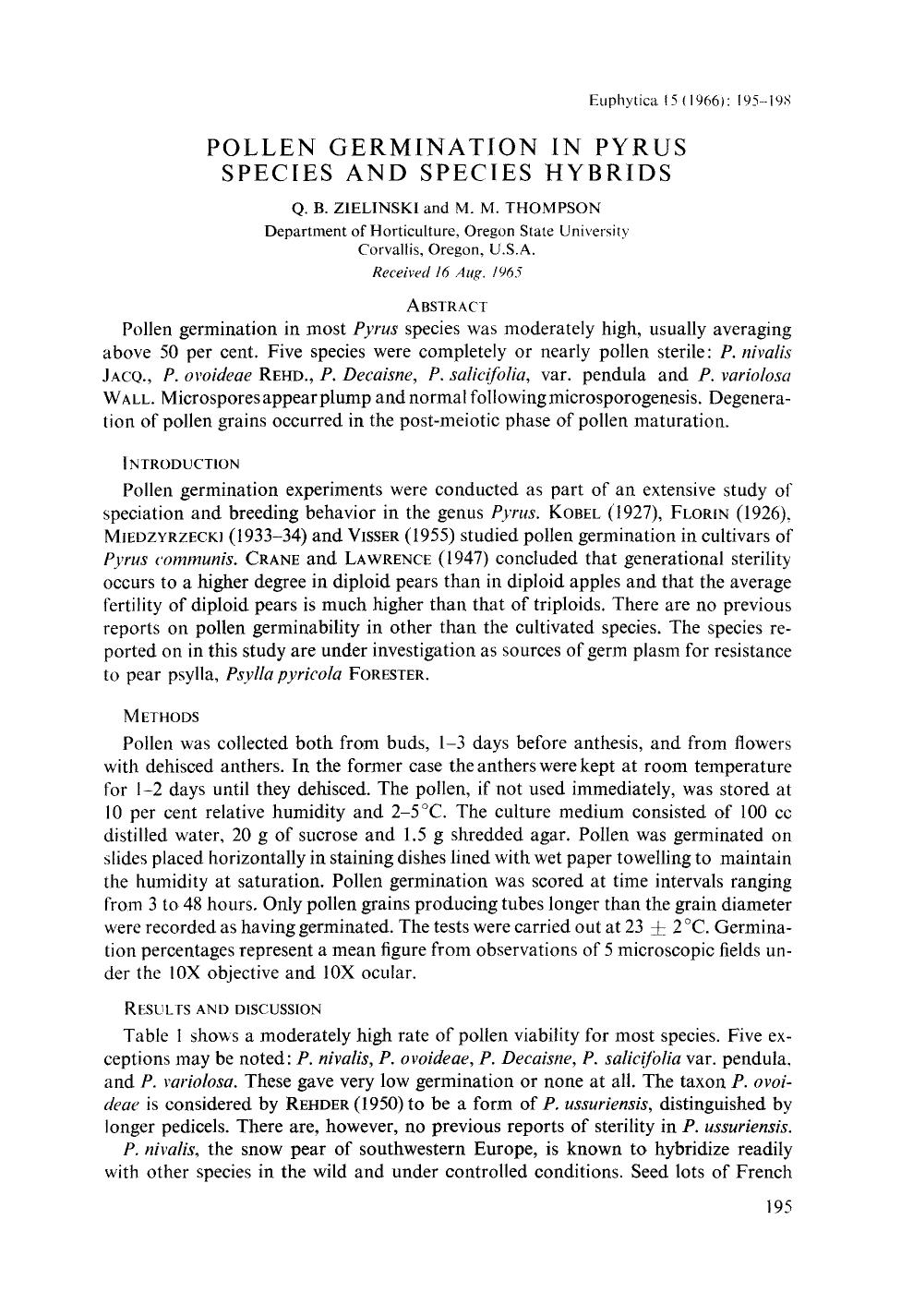 Pollen germination in pyrus species and species hybrids by Unknown