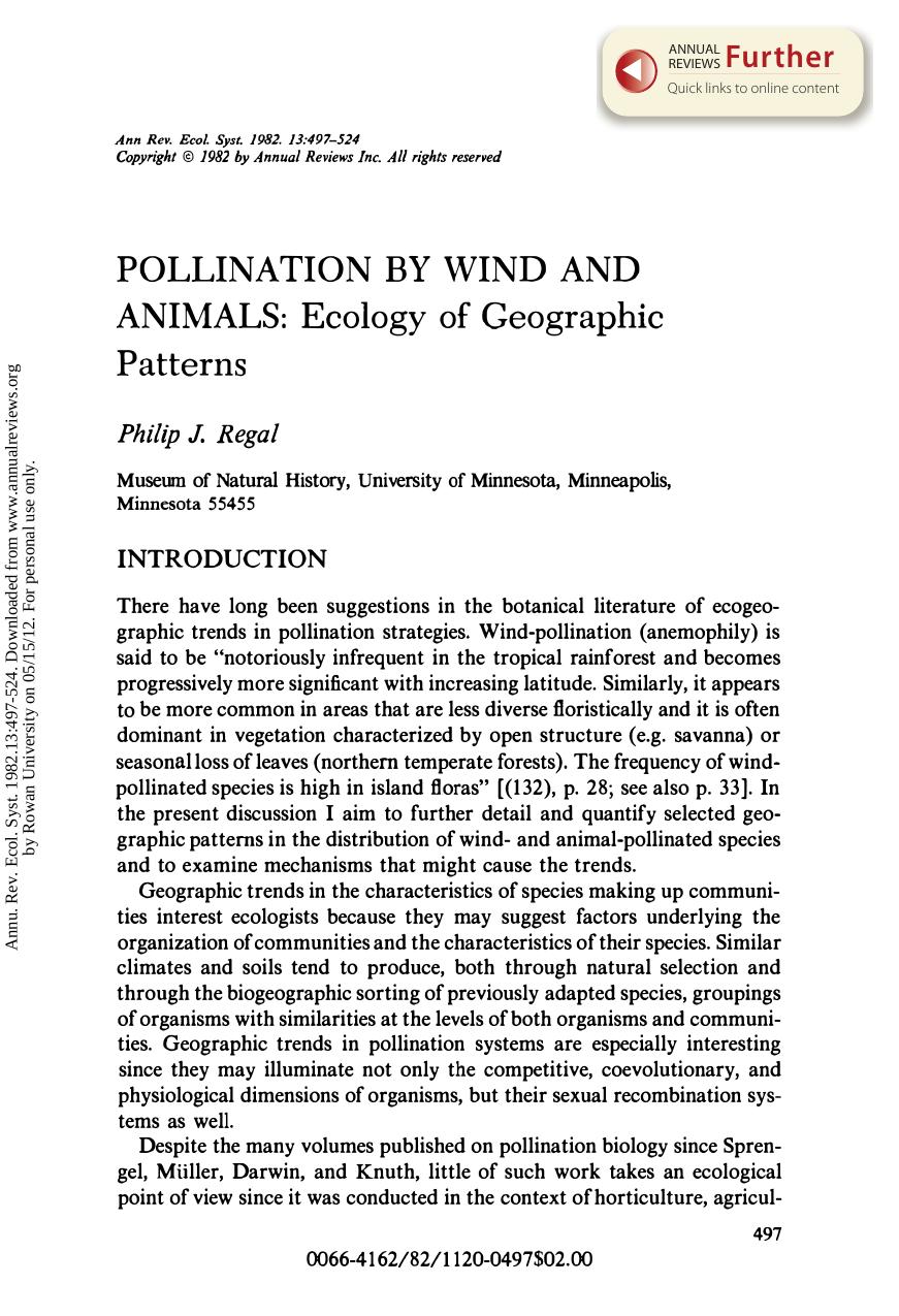 Pollination by Wind and Animals: Ecology of Geographic Patterns by P J Regal