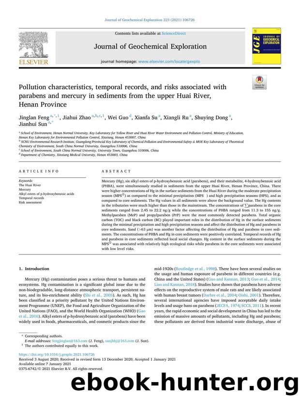 Pollution characteristics, temporal records, and risks associated with parabens and mercury in sediments from the upper Huai River, Henan Province by Jinglan Feng & Jiahui Zhao & Wei Guo & Xianfa Su & Xiangli Ru & Shuying Dong & Jianhui Sun