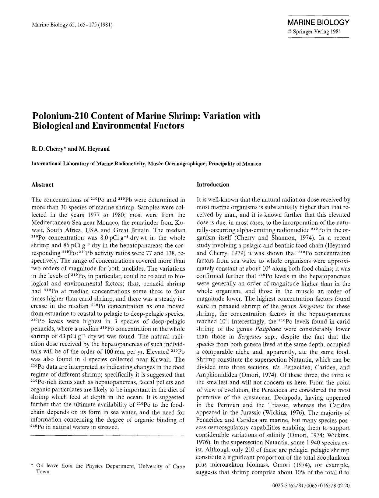 Polonium-210 content of marine shrimp: Variation with biological and environmental factors by Unknown