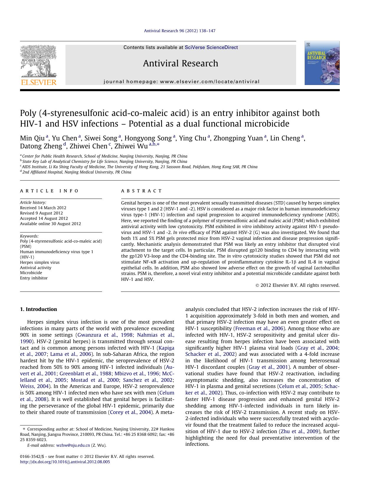 Poly (4-styrenesulfonic acid-co-maleic acid) is an entry inhibitor against both HIV-1 and HSV infections Ã¢â¬â Potential as a dual functional microbicide by unknow