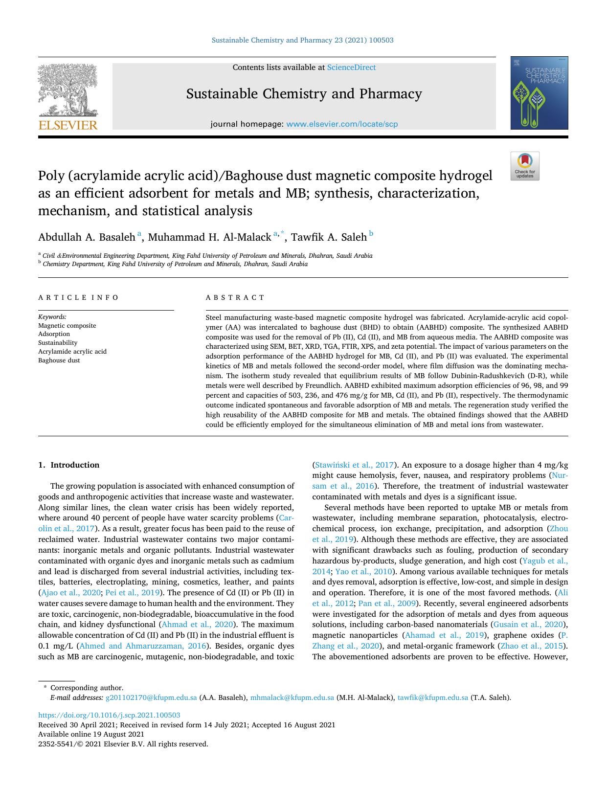 Poly (acrylamide acrylic acid)Baghouse dust magnetic composite hydrogel as an efficient adsorbent for metals and MB; synthesis, characterization, mechanism, and statistical analysis by Abdullah A. Basaleh & Muhammad H. Al-Malack & Tawfik A. Saleh