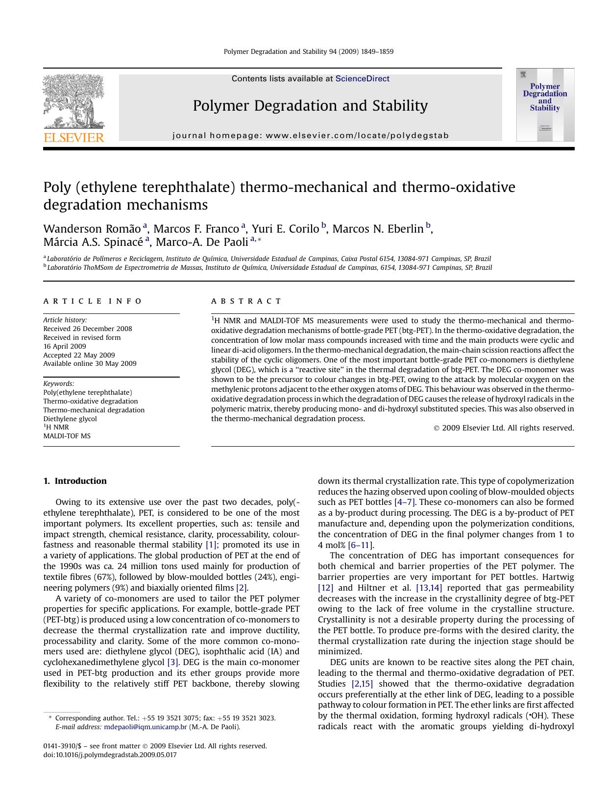 Poly (ethylene terephthalate) thermo-mechanical and thermo-oxidative degradation mechanisms by unknow