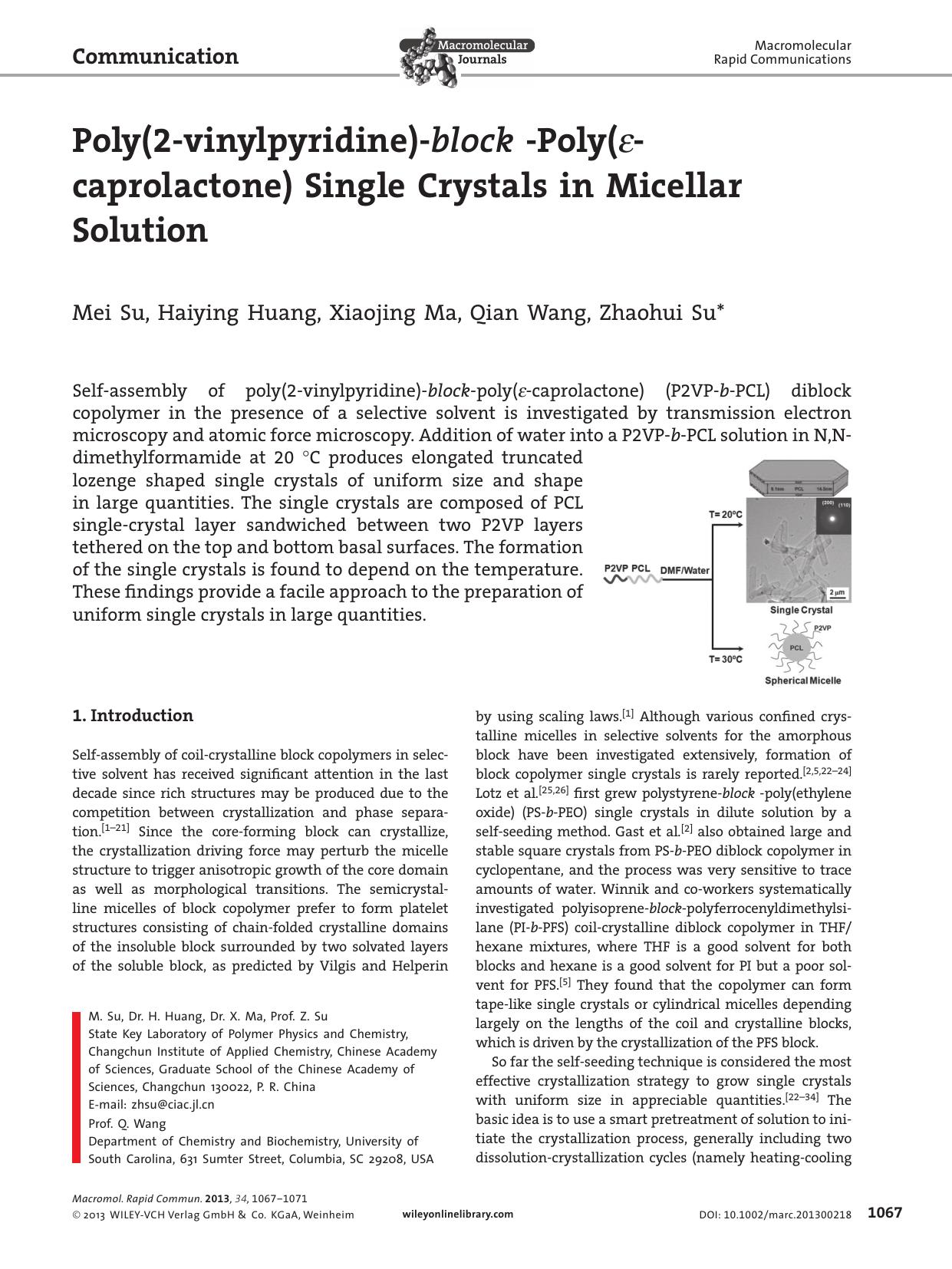 Poly(2vinylpyridine)block Poly(caprolactone) Single Crystals in Micellar Solution by paccess12
