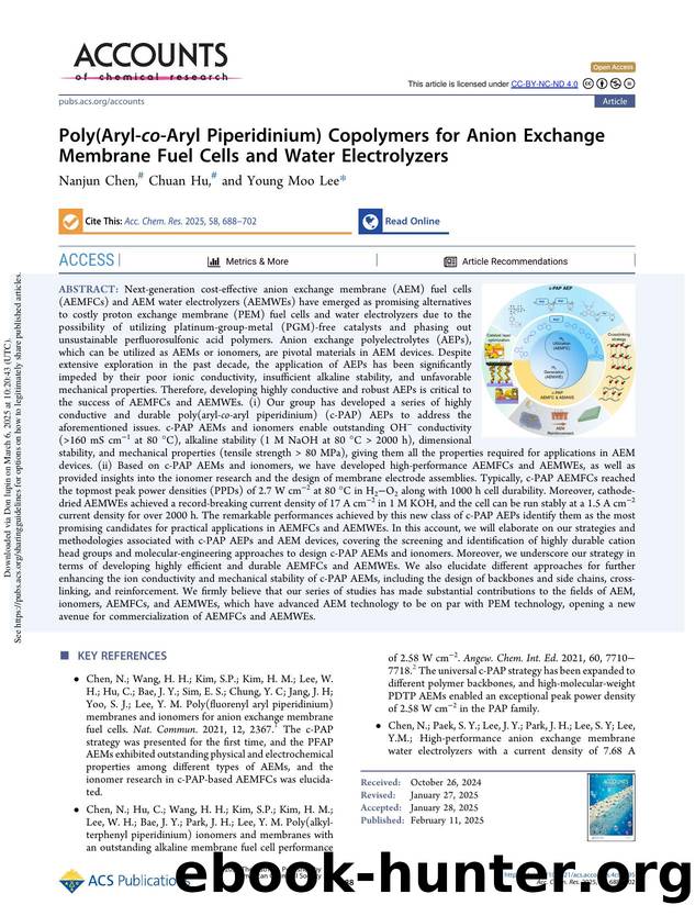 Poly(Aryl-co-Aryl Piperidinium) Copolymers for Anion Exchange Membrane Fuel Cells and Water Electrolyzers by Nanjun Chen Chuan Hu & Young Moo Lee