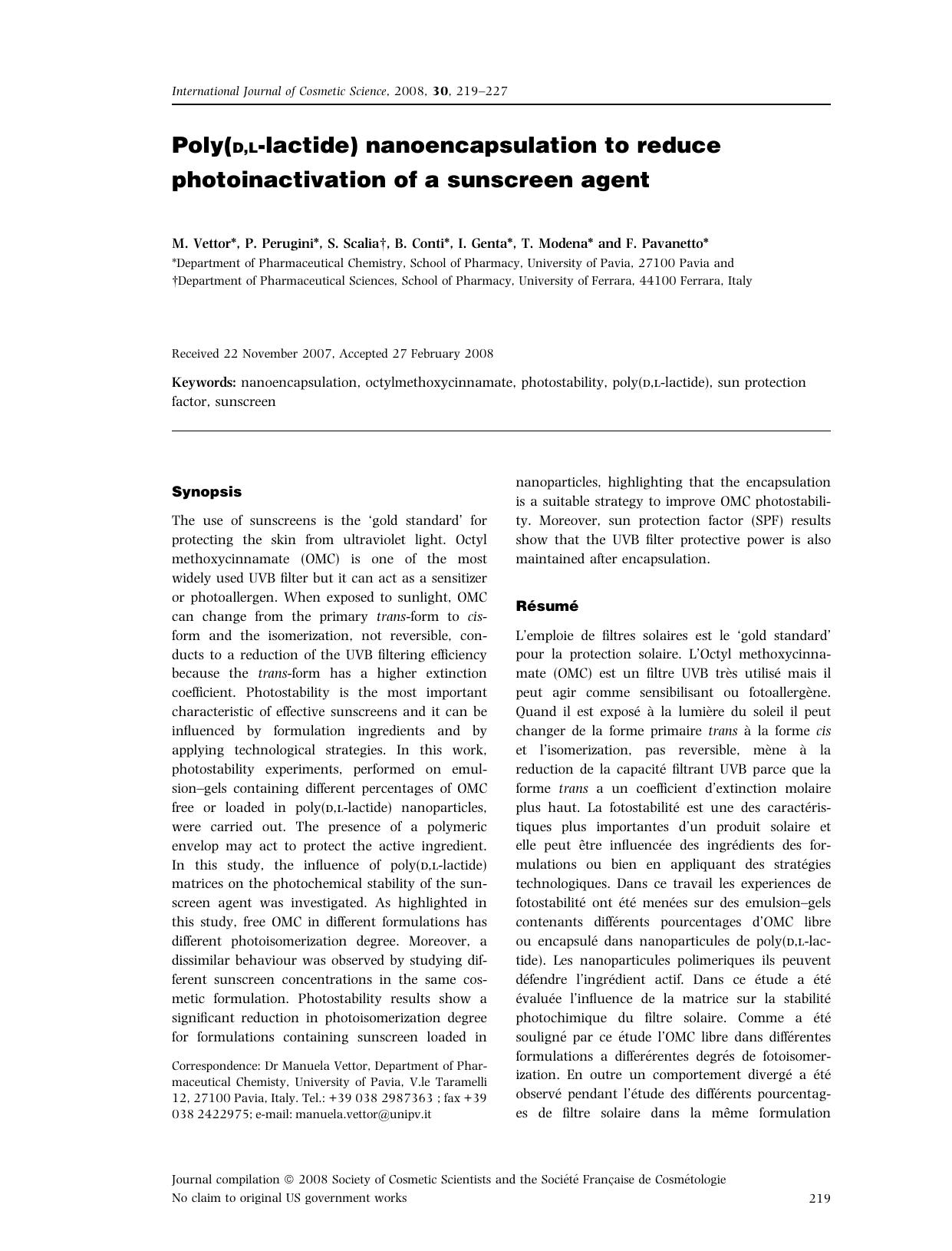 Poly(D,L-lactide) nanoencapsulation to reduce photoinactivation of a sunscreen agent by Unknown