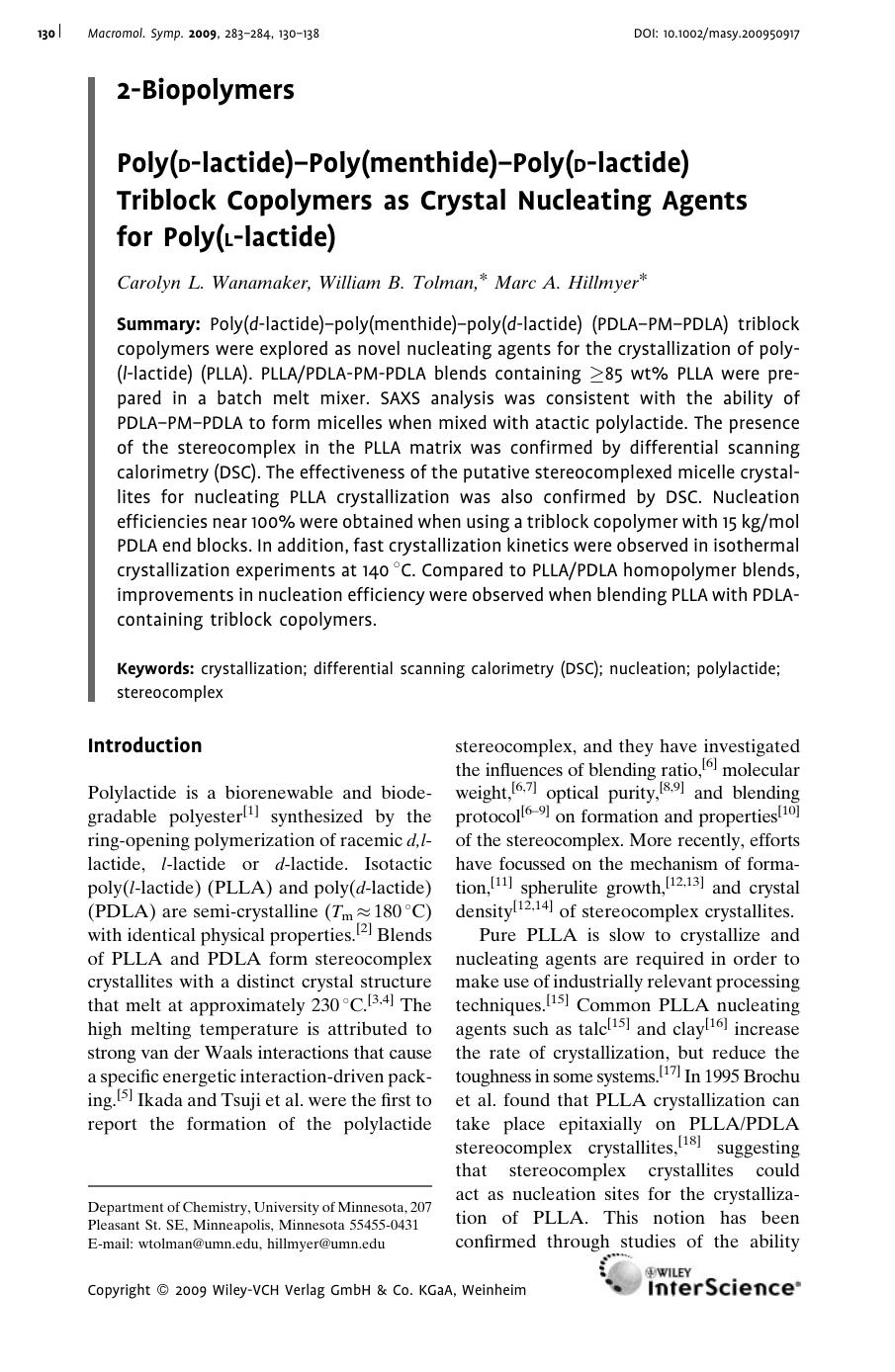 Poly(D-lactide)-Poly(menthide)-Poly(D-lactide) Triblock Copolymers as Crystal Nucleating Agents for Poly(L-lactide) by Unknown
