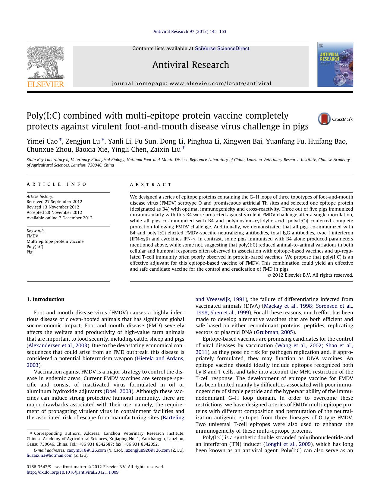Poly(I:C) combined with multi-epitope protein vaccine completely protects against virulent foot-and-mouth disease virus challenge in pigs by unknow