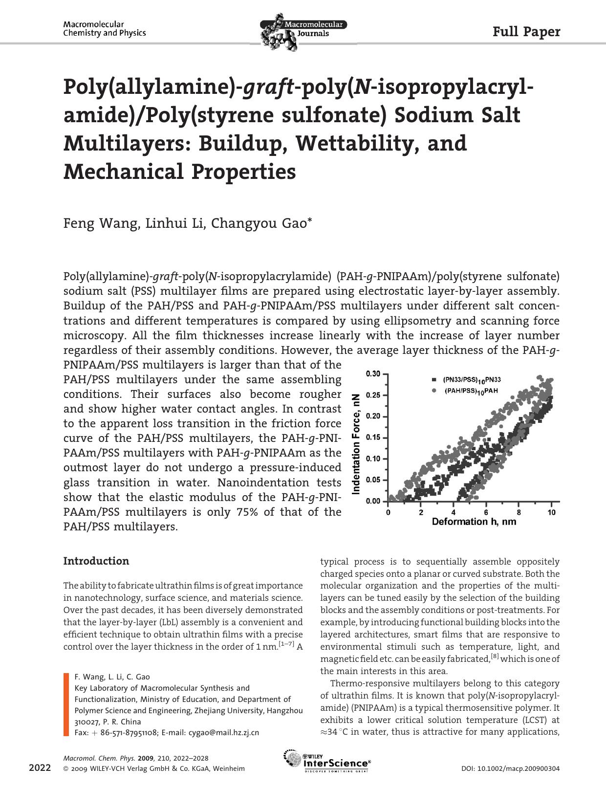 Poly(allylamine)-graft-poly(N-isopropylacrylamide)Poly(styrene sulfonate) Sodium Salt Multilayers: Buildup, Wettability, and Mechanical Properties by unknow