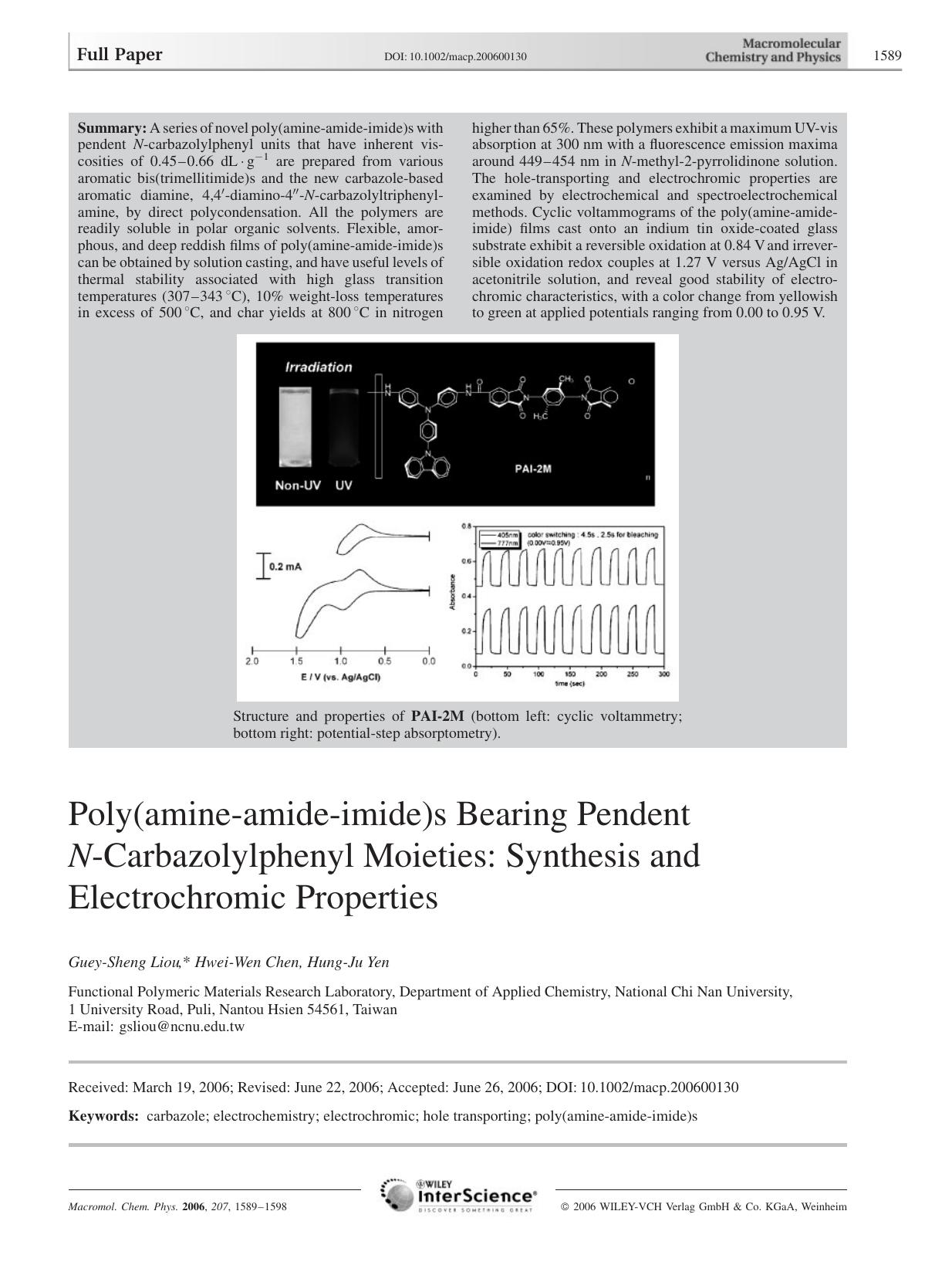 Poly(amine-amide-imide)s Bearing Pendent N-Carbazolylphenyl Moieties: Synthesis and Electrochromic Properties by unknow