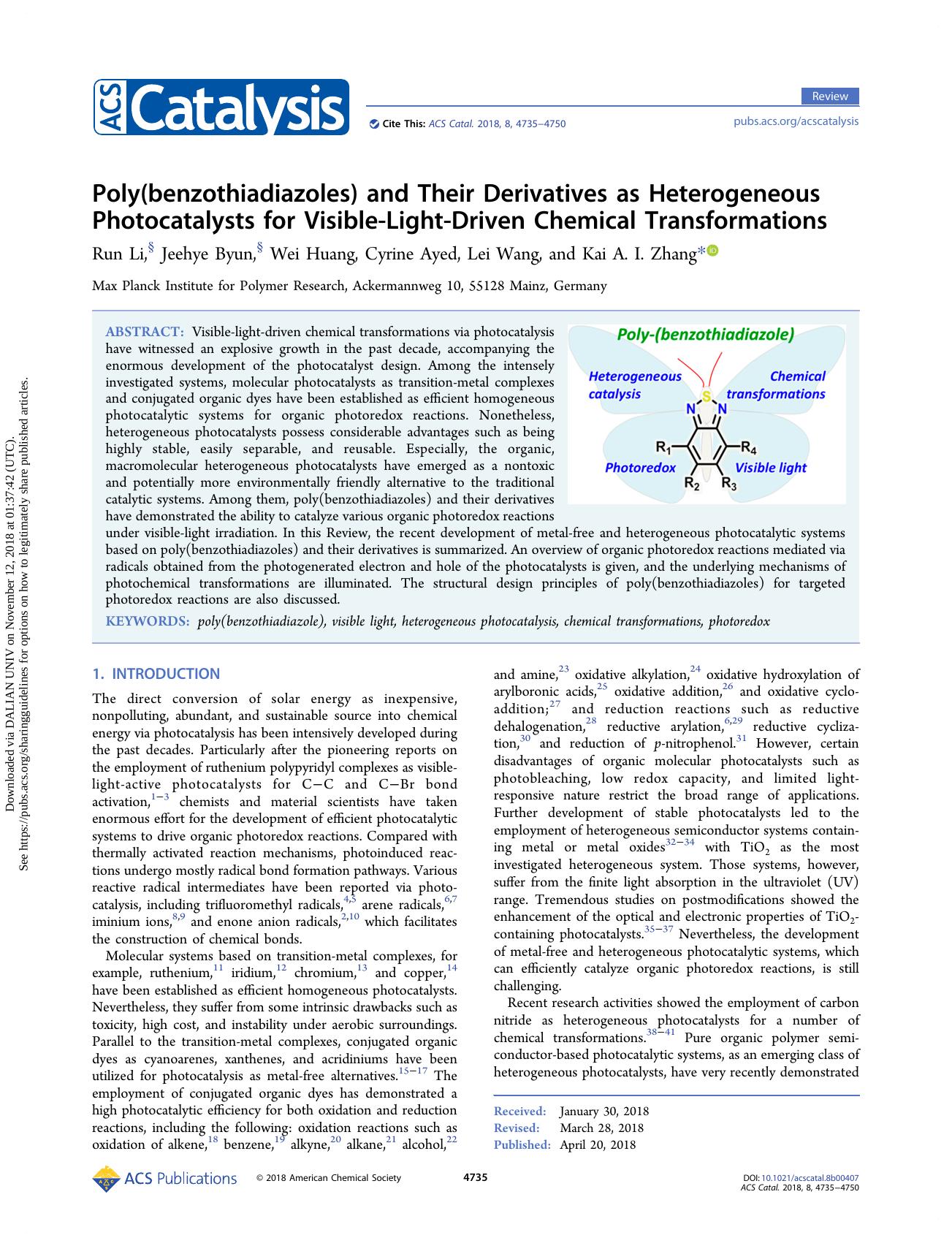 Poly(benzothiadiazoles) and Their Derivatives as Heterogeneous Photocatalysts for Visible-Light-Driven Chemical Transformations by Run Li & Jeehye Byun & Wei Huang & Cyrine Ayed & Lei Wang & Kai A. I. Zhang