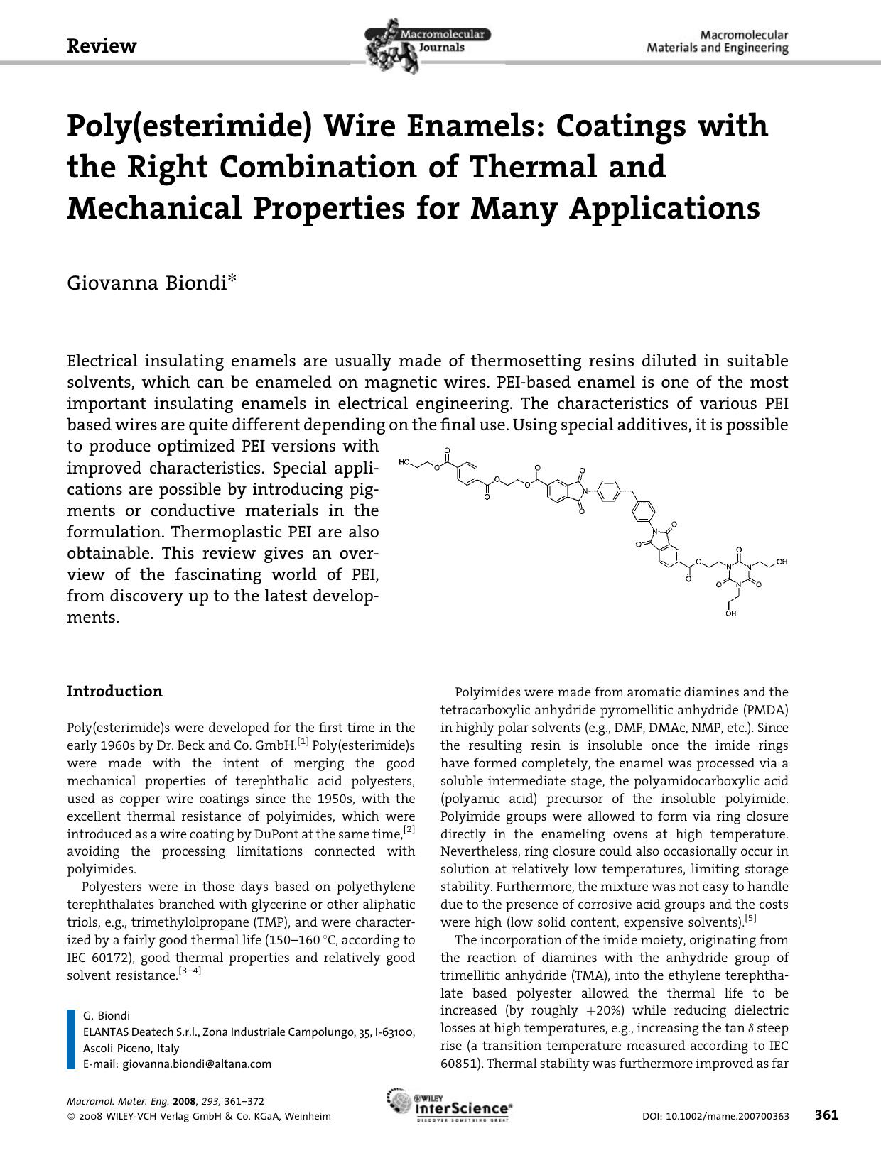 Poly(esterimide) Wire Enamels: Coatings with the Right Combination of Thermal and Mechanical Properties for Many Applications by Unknown