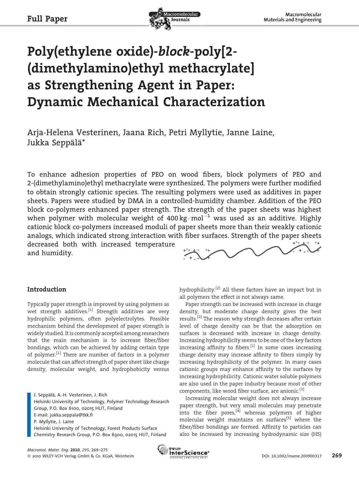 Poly(ethylene oxide)-block-poly[2-(dimethylamino)ethyl methacrylate] as Strengthening Agent in Paper: Dynamic Mechanical Characterization by Unknown