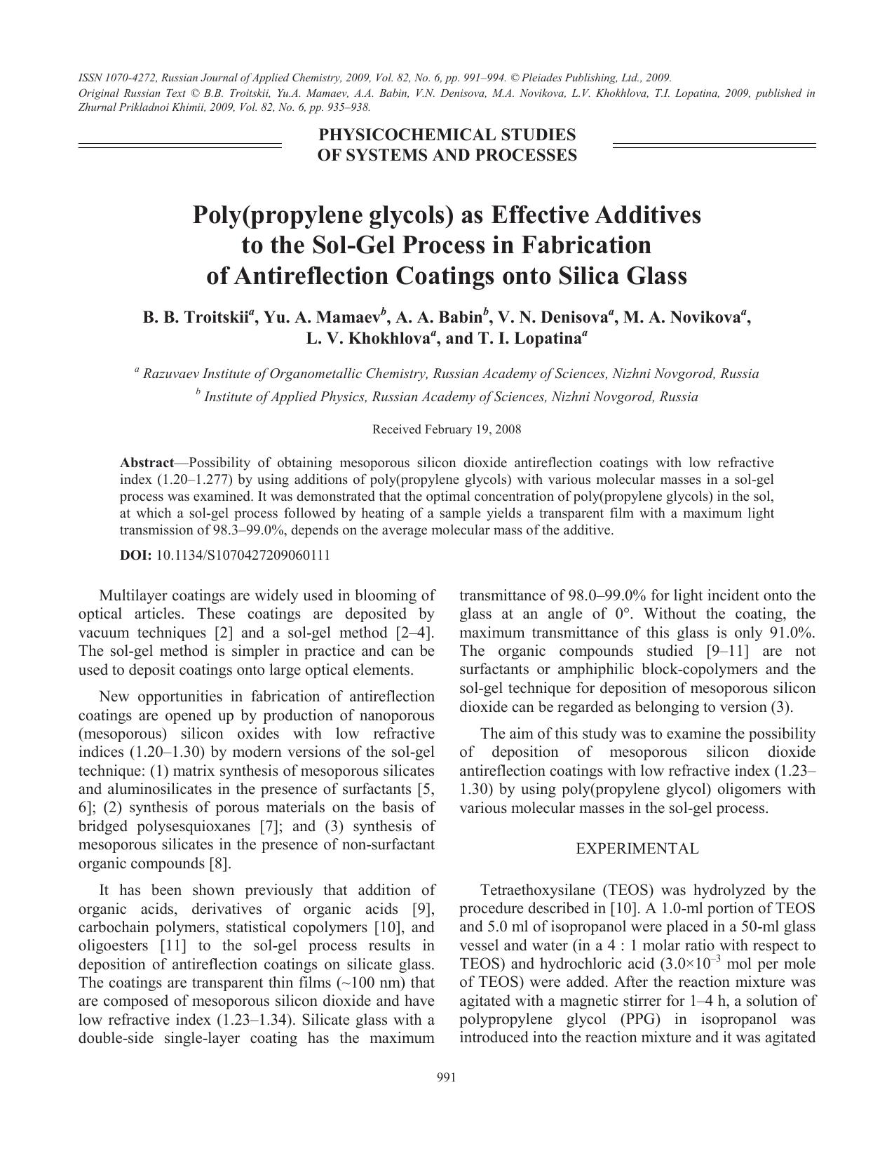 Poly(propylene glycols) as effective additives to the sol-gel process in fabrication of antireflection coatings onto silica glass by Unknown
