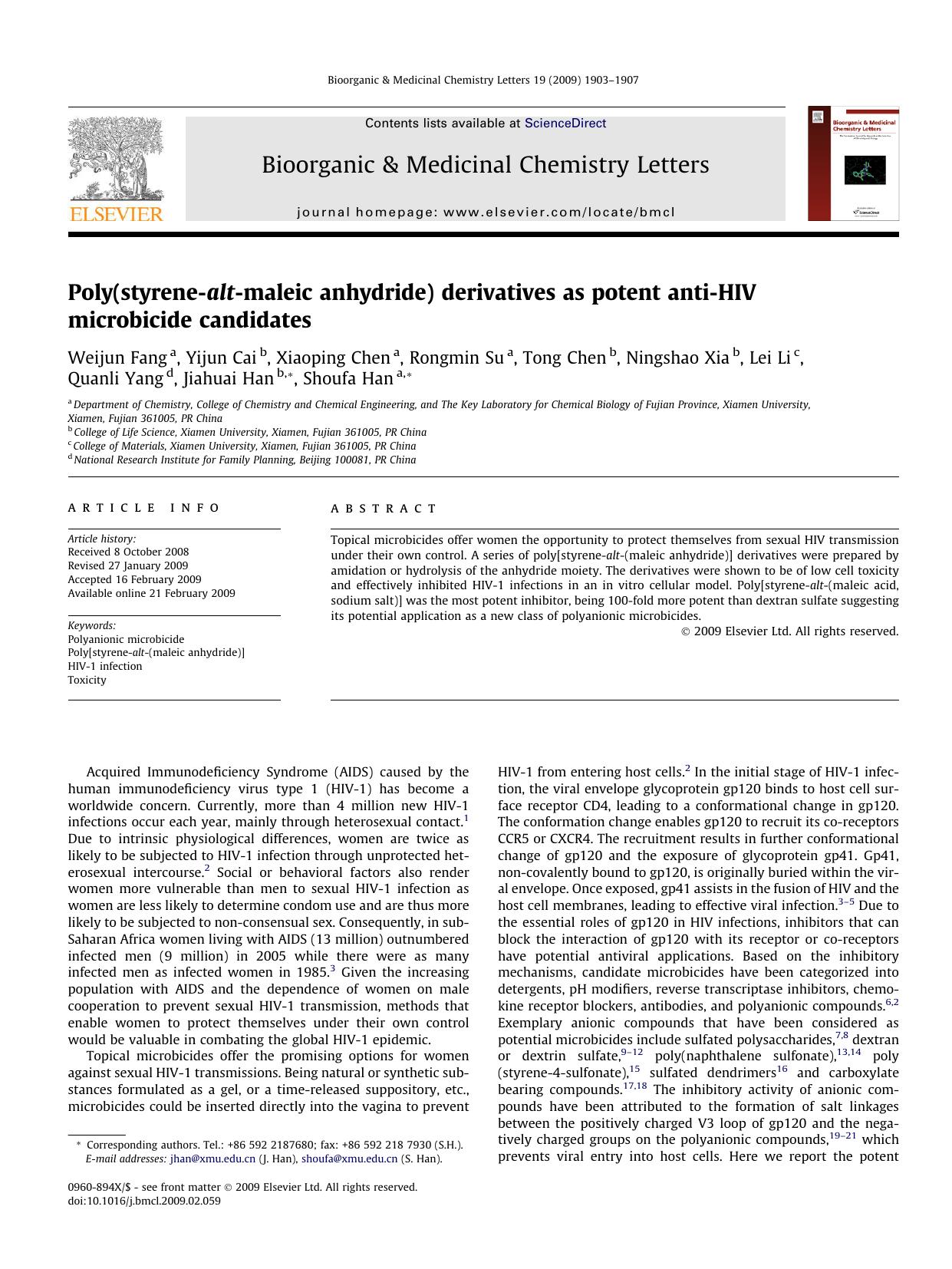 Poly(styrene-alt-maleic anhydride) derivatives as potent anti-HIV microbicide candidates by unknow