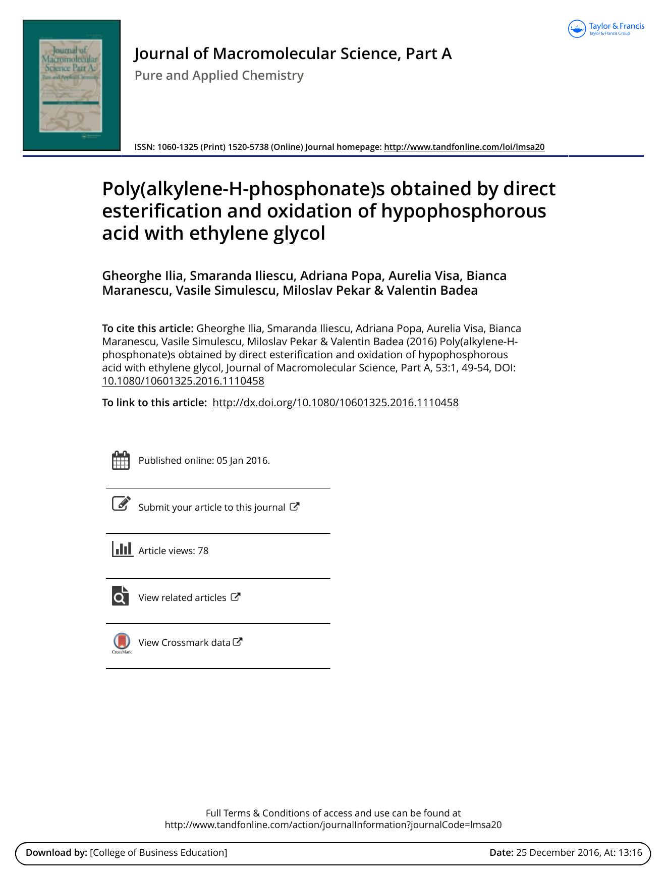 Poly\(alkylene-H-phosphonate\)s obtained by direct esterification and oxidation of hypophosphorous acid with ethylene glycol by unknow