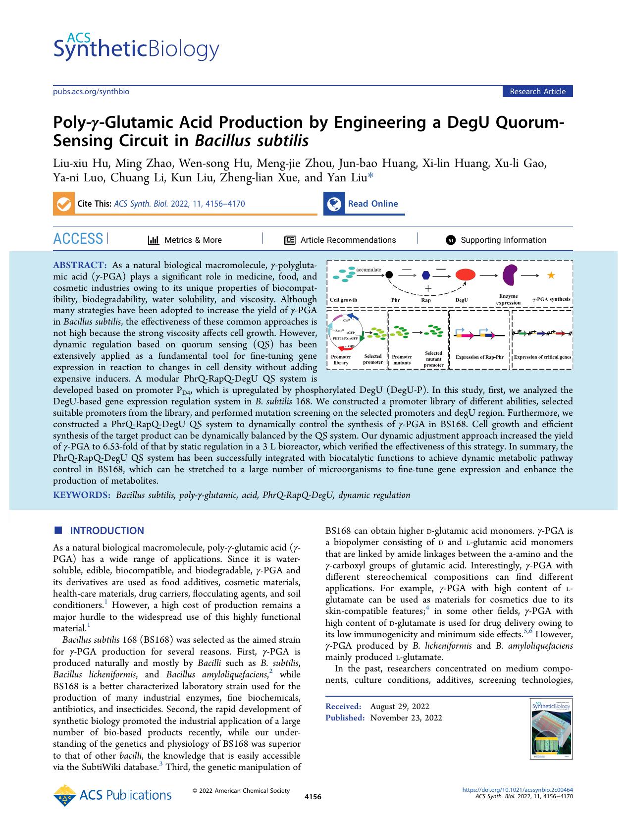 Poly-Î³-Glutamic Acid Production by Engineering a DegU Quorum-Sensing Circuit in Bacillus subtilis by unknow