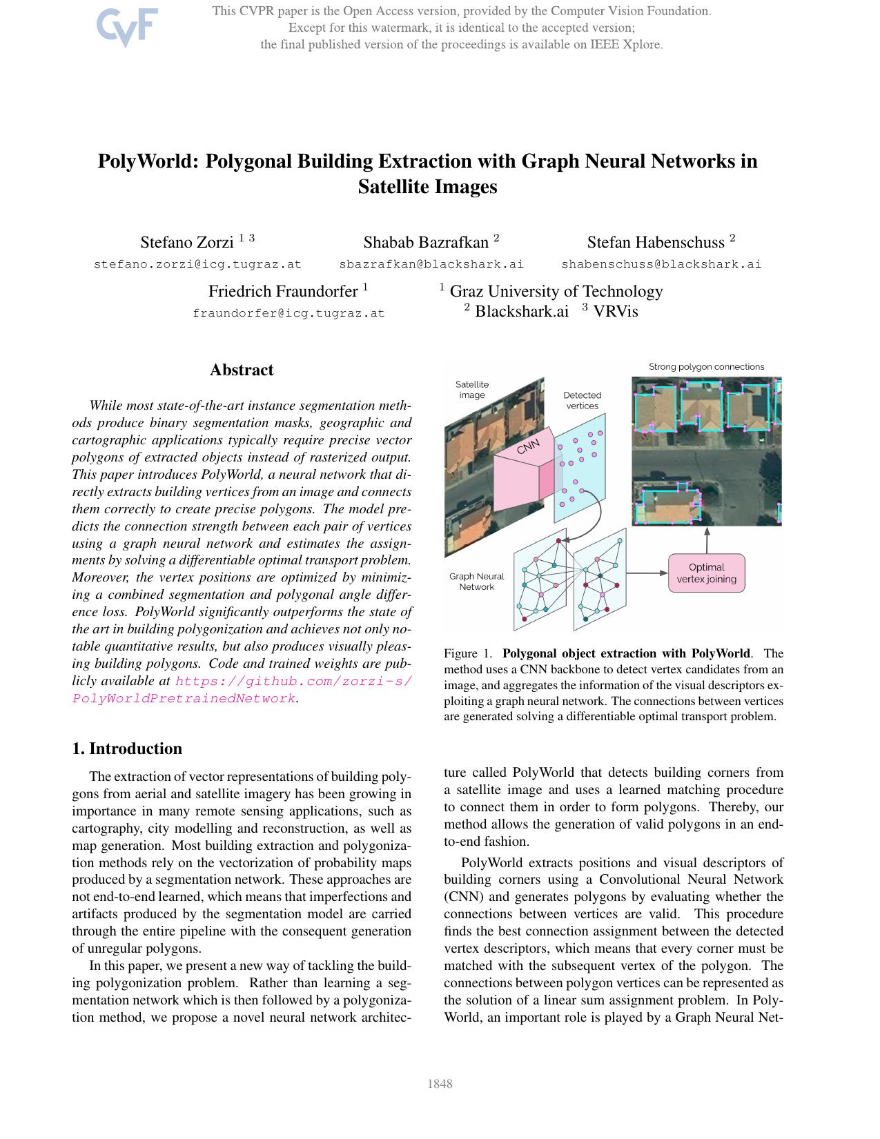PolyWorld: Polygonal Building Extraction With Graph Neural Networks in Satellite Images by Stefano Zorzi & Shabab Bazrafkan & Stefan Habenschuss & Friedrich Fraundorfer