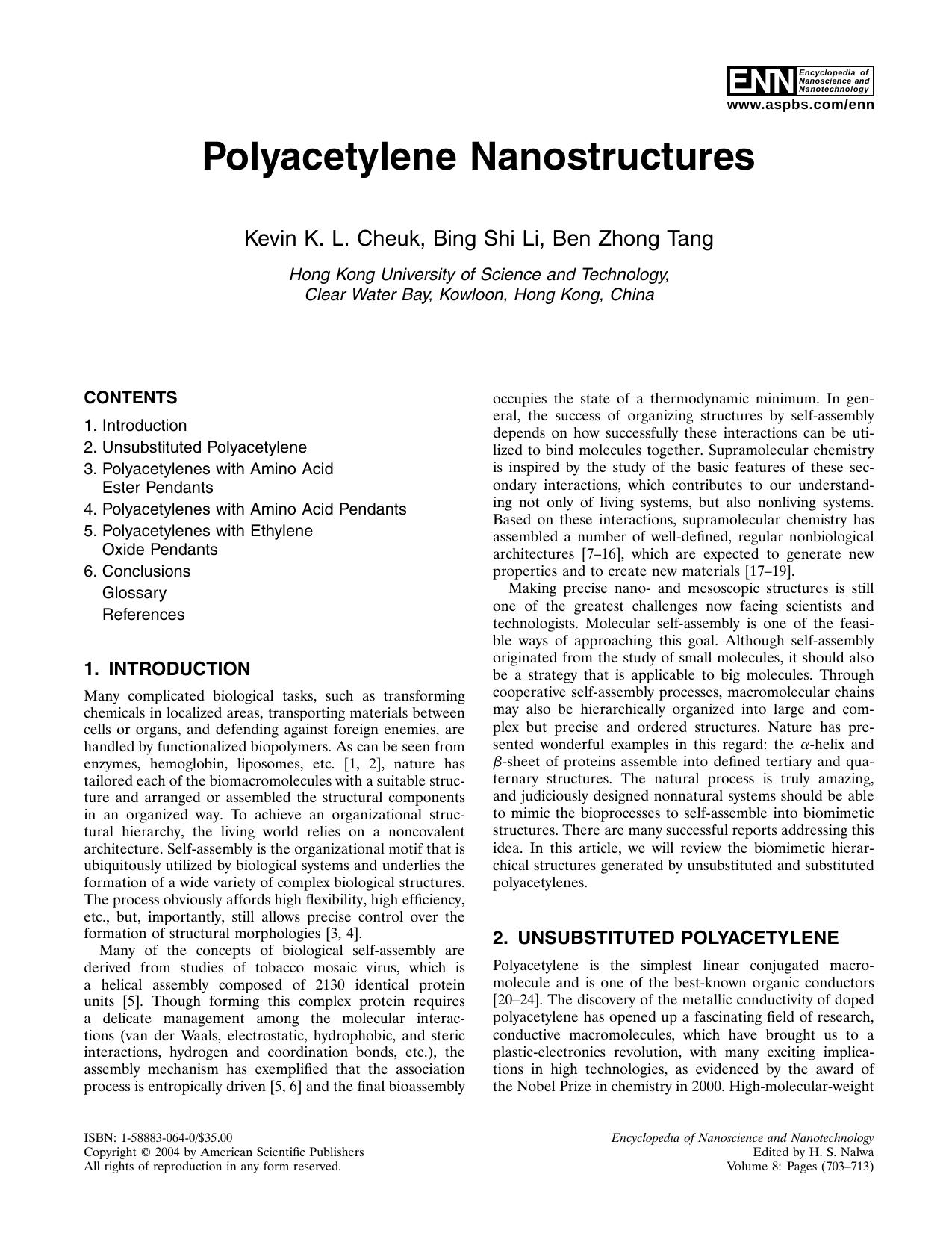 Polyacetylene Nanostructures by Cheuk K.K.L. Li B.S. Tang B.Z