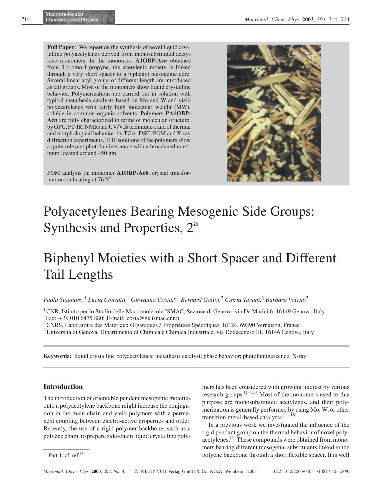 Polyacetylenes Bearing Mesogenic Side Groups: Synthesis and Properties, 2 by unknow