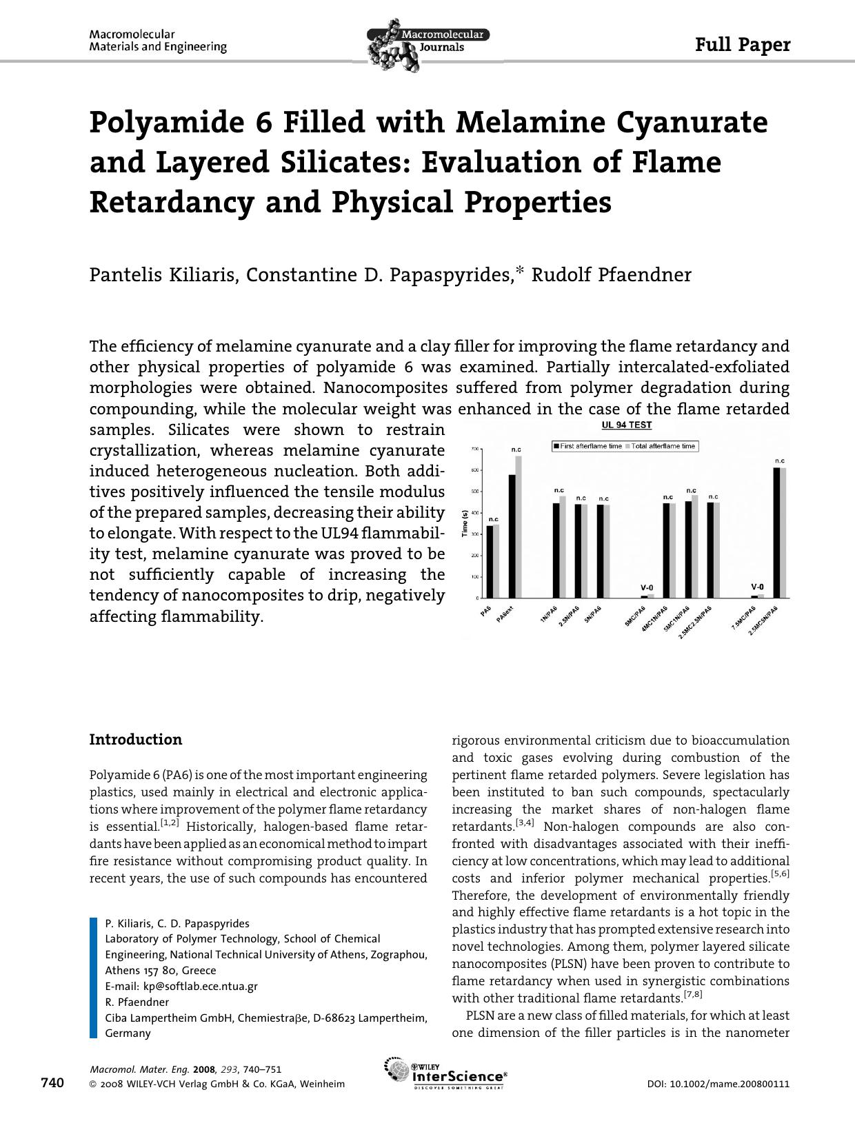 Polyamide 6 Filled with Melamine Cyanurate and Layered Silicates: Evaluation of Flame Retardancy and Physical Properties by Unknown