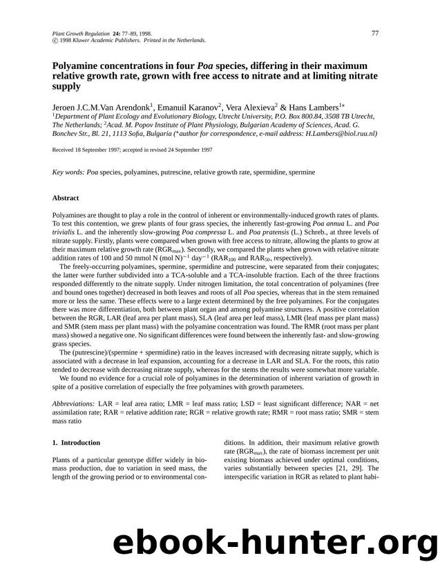 Polyamine concentrations in four Poa species, differing in their maximum relative growth rate, grown with free access to nitrate and at limiting nitrate supply by Unknown