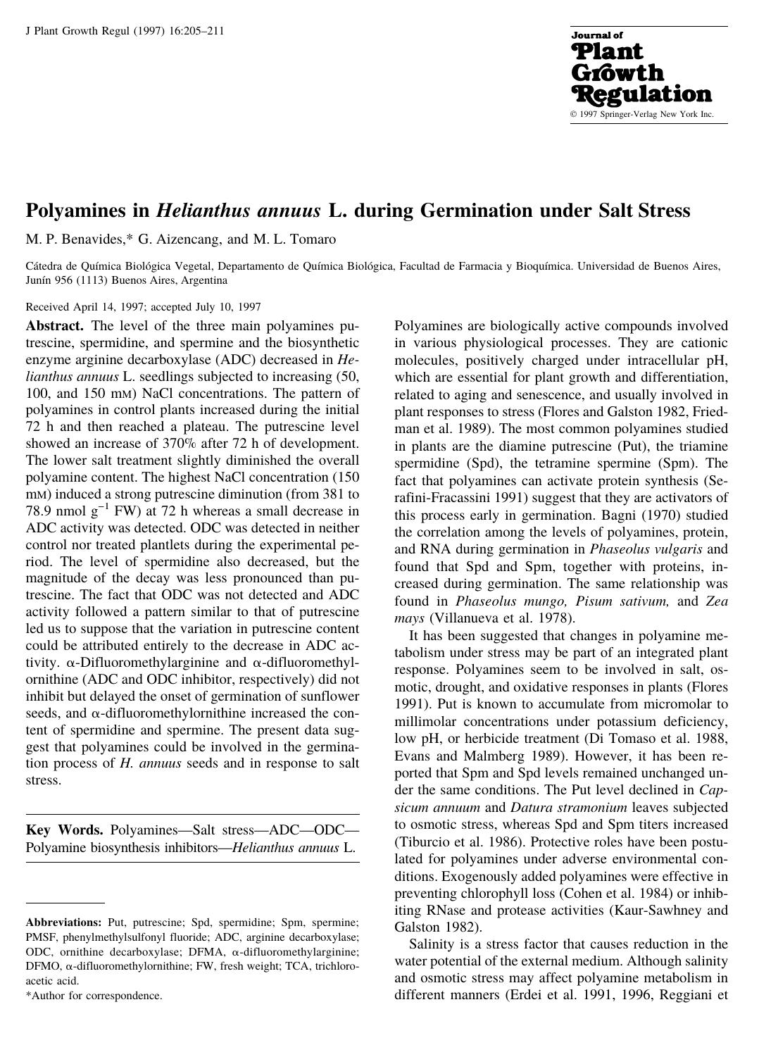 Polyamines in Helianthus annuus L. during Germination under Salt Stress by Benavides M. et al