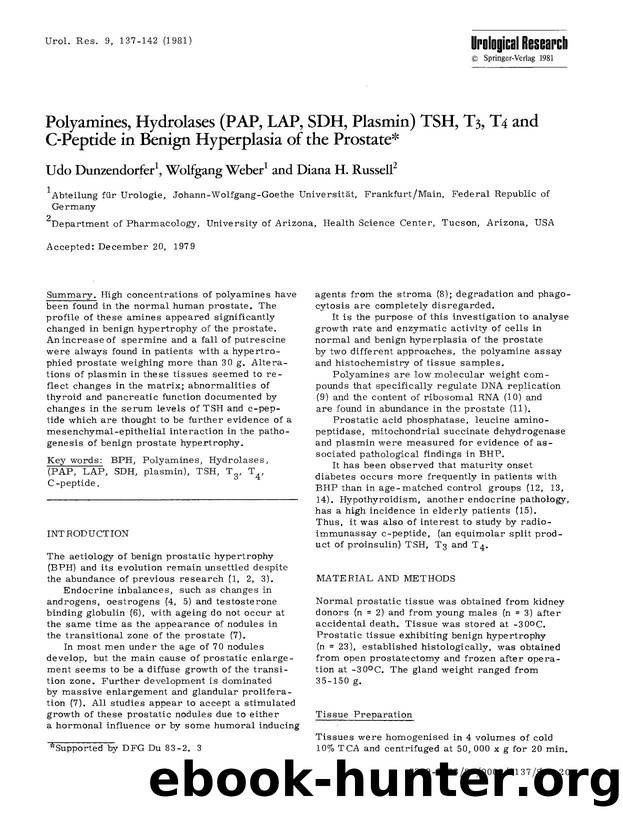 Polyamines, hydrolases (PAP, LAP, SDH, plasmin) TSH, T<Subscript>3<Subscript>, T<Subscript>4<Subscript> and C-peptide in benign hyperplasia of the prostate by Unknown