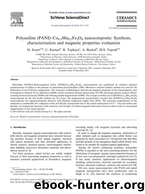 Polyaniline (PANI)âCo0.5Mn0.5Fe2O4 nanocomposite Synthesis, characterization and magnetic properties evaluation by H. Sozeri & U. Kurtan & R. Topkaya & A. Baykal & M.S. Toprak